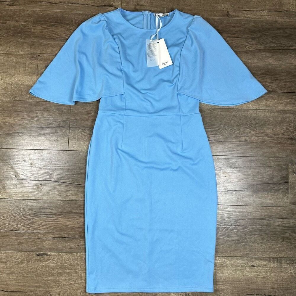 Grace Karin Women’s Size Medium Slim Fit Ruffle Sleeve Pencil Dress Blue NWT